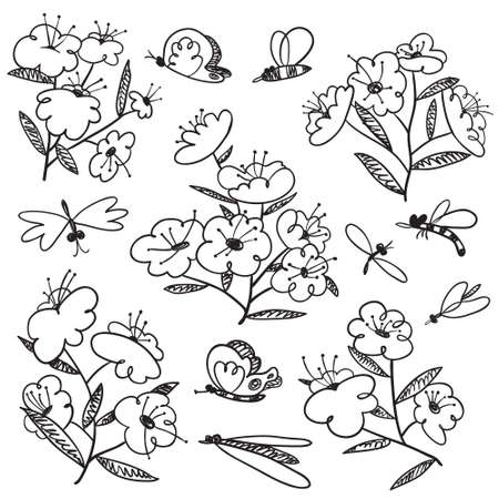 Summer set with blossoming plants and flying insects around. Flowers and butterlies. Floral collection with cute natural objects. Vector illustration in doodle sketchy styleのイラスト素材