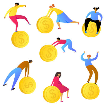 People makes money concept. Workers collect coins. Design elements for finance theme. Vector illustration with man and woman rolling big dollarsのイラスト素材