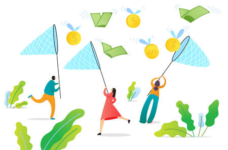 Web page template with managers making money. Concept with People with nets catch flying bills and coins. Vector illustration for business teamwork themes,  mobile app, banner, ui and ux design.のイラスト素材