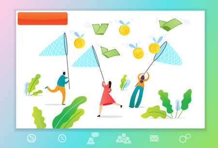 Web page template with managers making money. Concept with People with nets catch flying bills and coins. Vector illustration for business teamwork themes,  mobile app, banner, ui and ux design.のイラスト素材
