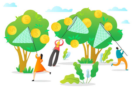 Web page template with managers making money. Concept with People with nets pick coins from the money tree. Vector illustration for business teamwork themes,  mobile app, banner, ui and ux design.のイラスト素材
