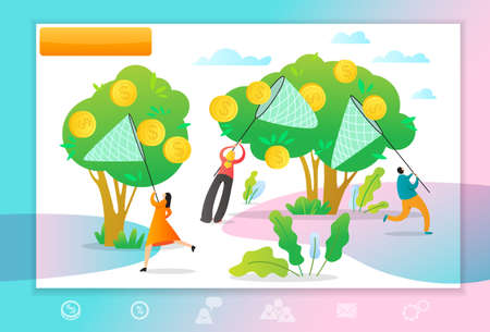 Web page template with managers making money. Concept with People with nets pick coins from the money tree. Vector illustration for business teamwork themes,  mobile app, banner, ui and ux design.のイラスト素材