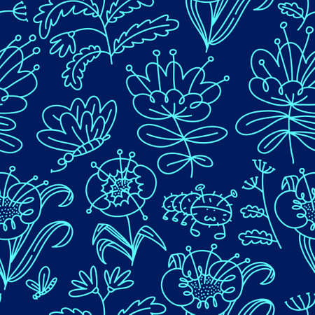 Floral seamless pattern. Background with flowers and leaves. Vector illustration with natural objects and plants and butterfy. Summer and spring design elements for backdrops, textile, surfaces, fabricsのイラスト素材