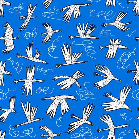 Doodle birds seamless pattern. Background  with funny flying animals in the sky. Vector illustration in cute hand drawn incomplete children style. Design element for wrapping, textile, fabric and surfacesのイラスト素材