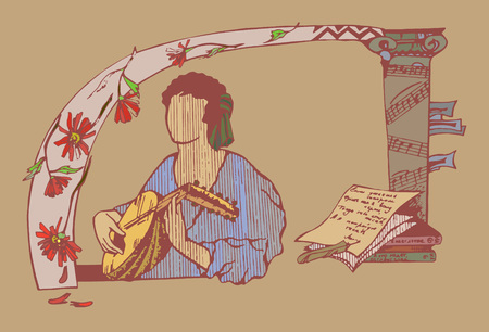 A man playing on lute in medieval style.のイラスト素材