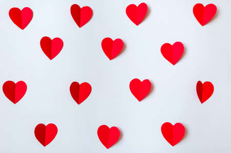 Holiday Card. Hearts from paper on white paper background with copy space. Valentines day.の写真素材