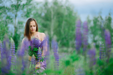 Beautiful young girl in ultra violet dress holding a bouquet of lupine at sunset on the field. The concept of nature and romance.の写真素材