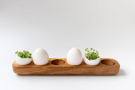 Green sprouts in white egg in wooden egg box on white background. Selective focus, copy space. Eco...