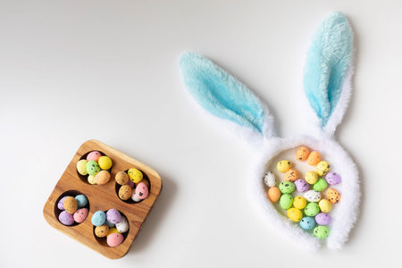 Bunny ears and colored little eggs on white background on Easter day. Top view. Symbol Happy Easter...