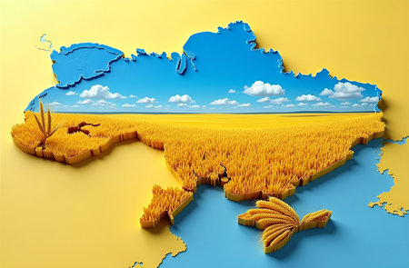 volumetric map of ukraine, 3D model against the background of blue sky and clouds and ears of wheat, yellow background, close-up, background, wallpaperの素材