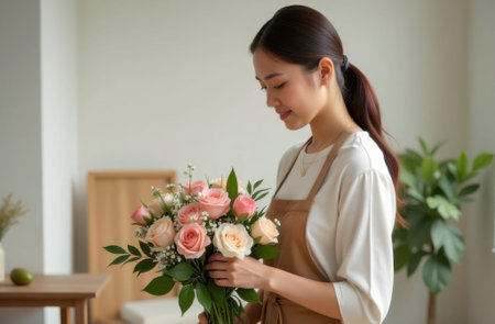 florist girl in brown overalls and white t-shirt of Asian appearance holds bouquet of multicolored roses in hands against background of bright roomの素材