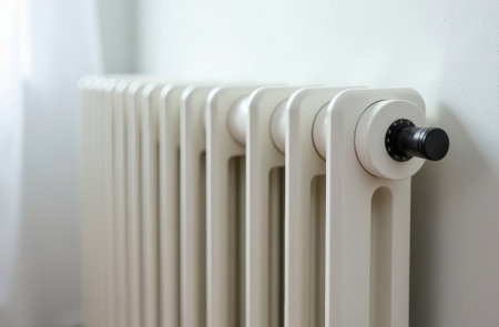 multi-section cast iron or aluminum water heating radiator of white color or heating battery with thermostat in room on white wall close-up side viewの素材