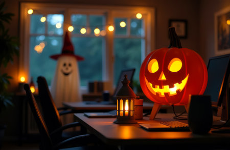 glowing jack o lantern and white ghost scarecrow in office on table office desk and computer monitors in empty office or school happy halloween decorations night time outside windows eveningの素材
