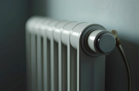 multi-section cast iron or aluminum water heating radiator of white color or heating battery with thermostat in room on white wall close-up side viewの素材