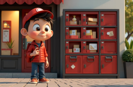 street automated parcel terminal or postal station red color with many cells for automatic delivery of parcels and online orders person standing nearby and receiving parcel cartoon illustrationの素材