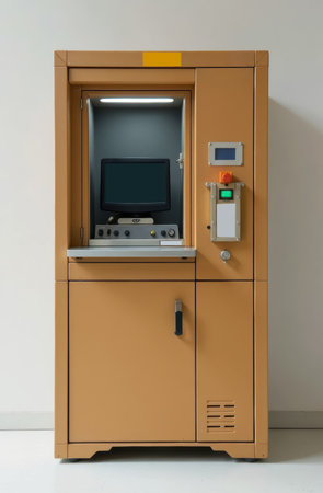 large iron automatic postal scale for weighing parcels and checking contents with x-ray before sending for post office or airport, close up front viewの素材