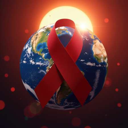 red satin ribbon symbol of international aids day lies on background of globe of planet earth view from space and bright sun rays and beautiful red bokeh close-up square imageの素材