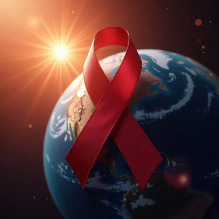 red satin ribbon symbol of international aids day lies on background of globe of planet earth view from space and bright sun rays and beautiful red bokeh close-up square imageの素材