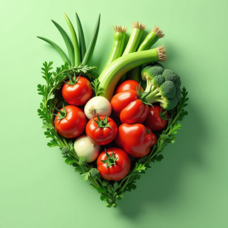 variety of vegetables including broccoli, carrots, peppers and tomatoes, onions, arranged in heart shape on cabbage leaf close-up top view on green backgroundの素材