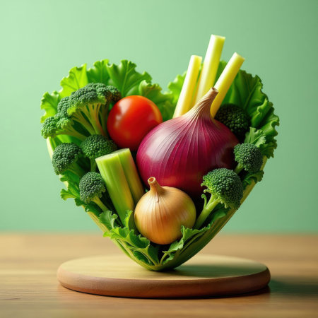 variety of vegetables including broccoli, carrots, peppers and tomatoes, onions, arranged in heart shape on cabbage leaf close-up top view on green backgroundの素材