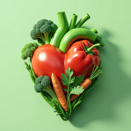 variety of vegetables including broccoli, carrots, peppers and tomatoes, onions, arranged in heart shape on cabbage leaf close-up top view on green backgroundの素材