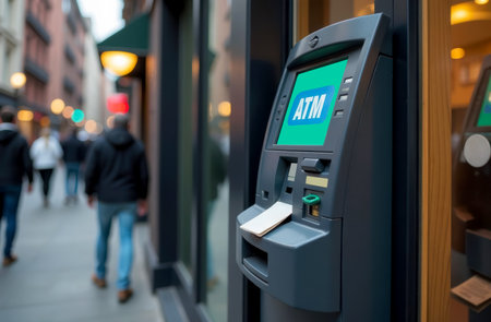 street ATM electronic device for receiving and issuing cash on plastic cards and paying for services and repaying loans, mockup of a touchscreen monitor of a street ATM close-up side viewの素材