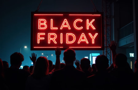 A group of people near a glowing red neon sign that says "Black Friday". The scene is festive and solemn as people gather to celebrate the holiday shopping season.の素材