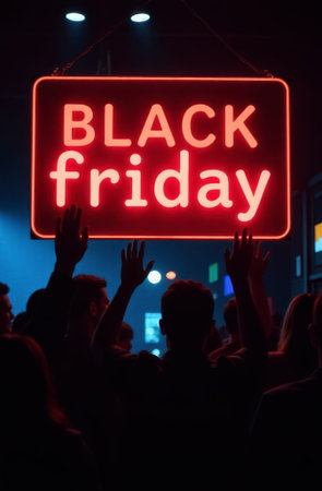 A group of people near a glowing red neon sign that says "Black Friday". The scene is festive and solemn as people gather to celebrate the holiday shopping season.の素材