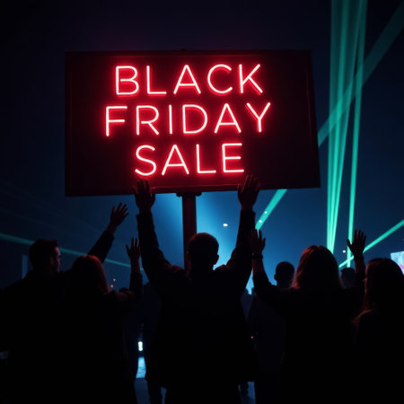 A group of people near a glowing red neon sign that says "Black Friday". The scene is festive and solemn as people gather to celebrate the holiday shopping season.の素材