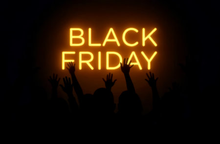 a group of people near a glowing yellow neon sign that says "Black Friday". The scene is festive and solemn as people gather to celebrate the holiday shopping seasonの素材