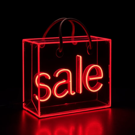red and black bag with the inscription "sale", the bag glows neon red, and the glowing text, on a black background, close-up, side viewの素材