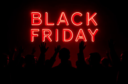A group of people near a glowing red neon sign that says "Black Friday". The scene is festive and solemn as people gather to celebrate the holiday shopping season.の素材