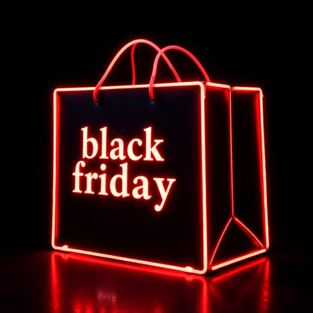 red and black bag with the inscription Black Friday, the bag glows with a neon red glow, and the glowing text, on a black background, close-up, side viewの素材