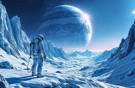 a man in a white space suit stands on an icy surface and looks into space, next to high ice cliffs covered with snow and ice, in the background there are many stars and a large planetの素材