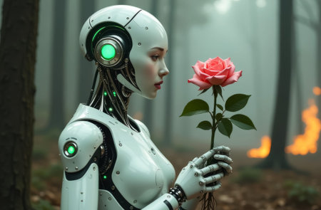female cyborg biorobot with human face against burning forest background holds sapling of blooming pink rose with root system. Robot is surrounded by fire forest and burning trees in backgroundの素材