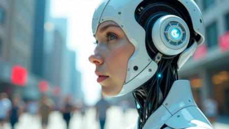 A female robot with a human face stands on a city street. The robot is surrounded by a blurred cityscape with cars and people in the background. The scene exudes a futuristic and mysterious spirit.の素材