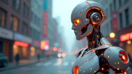 A robot with glowing eyes stands on a city street. The robot is surrounded by a blurry cityscape with cars and people in the background. The scene exudes a futuristic and mysterious spirit.の素材