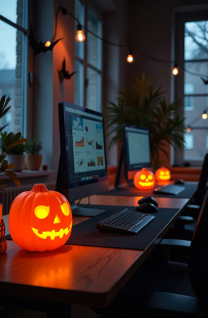 festive interior of an office or school classroom decorated in Halloween style, monitors and keyboards on the tables, Jack's lantern near the monitors, festive atmosphere of Happy Halloweenの素材