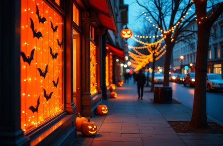 street shops are decorated in festive Halloween style, it is evening autumn outside, the lights are on in the shops and jack-o-lanterns and black bats are glowing, festive atmosphereの素材