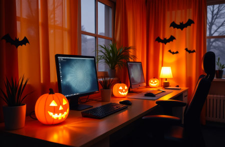 festive interior of an office or school classroom decorated in Halloween style, monitors and keyboards on the tables, Jack's lantern near the monitors, festive atmosphere of Happy Halloweenの素材