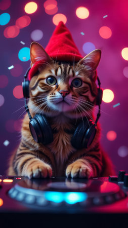 cool cat dj in red christmas hat and acoustic headphones at disco near mixing console, new year music party, colorful bokeh, close-up from frontの素材