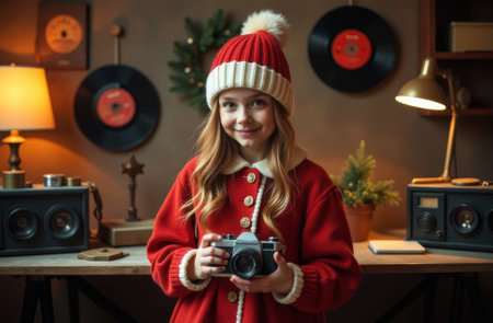 Girl photographer in retro coat and knitted hat holding film camera in hands, retro interior in background, wooden chest of drawers with lamp, vinyl records, close-up portraitの素材