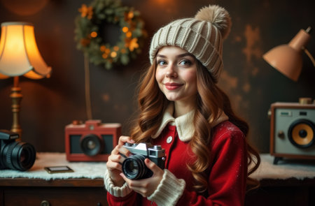 Girl photographer in retro coat and knitted hat holding film camera in hands, retro interior in background, wooden chest of drawers with lamp, vinyl records, close-up portraitの素材