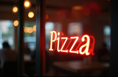neon glowing sign with letters pizza on the wall indoors, advertising notice sign close-upの素材