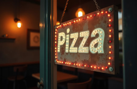 neon glowing sign with letters pizza on the wall indoors, advertising notice sign close-upの素材