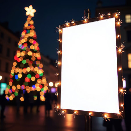 mockup of big white glowing supersite - big billboard on snowy street, new year tree and glowing string lights in the background, christmas atmosphere, close upの素材