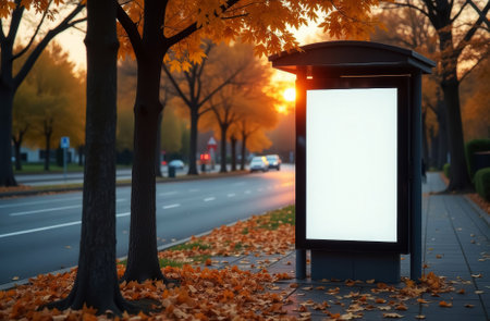 mockup of a large white glowing supersite - a large advertising billboard at a public transport stop, golden autumn on the street, yellow trees and sun rays, close-up, side viewの素材
