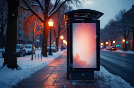 mockup of big white glowing supersite - big billboard at public transport stop, sunset street, lots of snow on road, christmas atmosphere, close upの素材