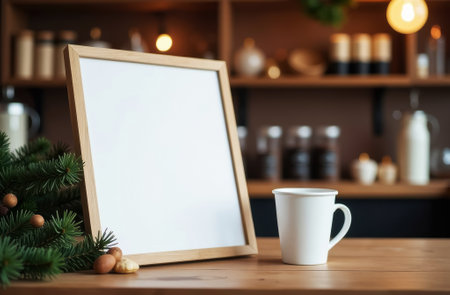 mockup of white billboard on wooden tabletop in coffee shop with coffee mug nearby, shelves with coffee and products in background and Christmas tree, close up, side viewの素材