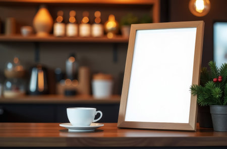 mockup of white billboard on wooden tabletop in coffee shop with coffee mug nearby, shelves with coffee and products in background and Christmas tree, close up, side viewの素材